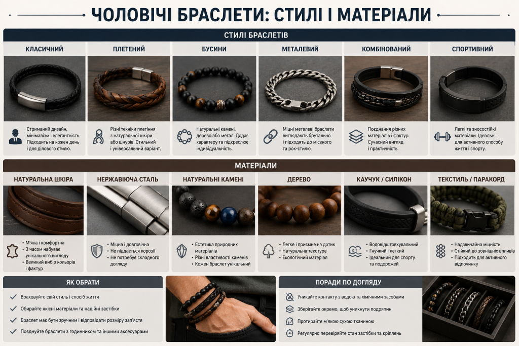 Інфографіка з популярними стилями чоловічих браслетів і матеріалами: шкірою, сталлю, натуральним камінням, деревом, силіконом та паракордом.