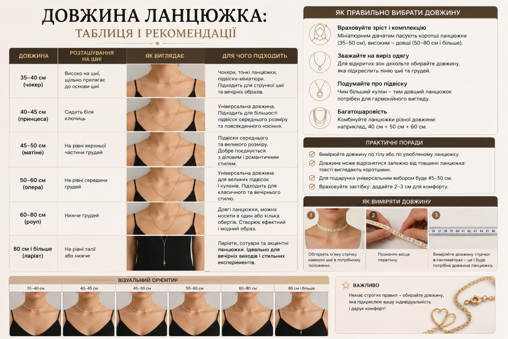 Інфографіка з таблицею довжин ланцюжків, прикладами розташування на шиї та порадами щодо правильного вибору.