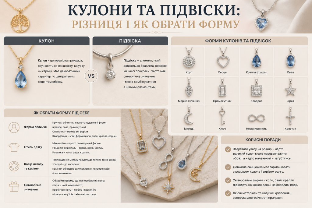 Інфографіка про відмінності між кулонами та підвісками, популярні форми прикрас і поради щодо їх вибору.