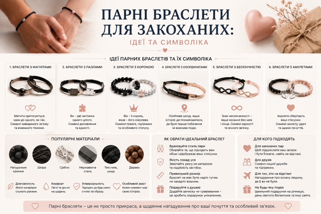 Інфографіка про види парних браслетів для закоханих, їхню символіку, матеріали та рекомендації щодо вибору.