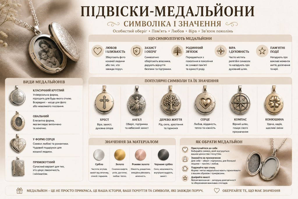 Інфографіка про підвіски-медальйони, їх символіку, популярні форми, матеріали та значення ювелірних прикрас