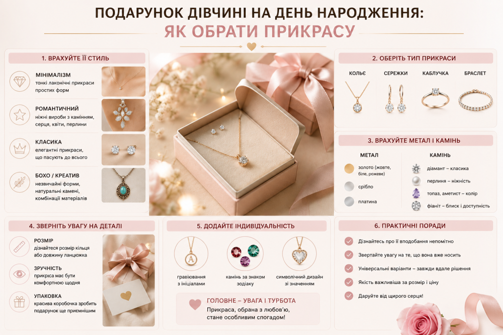 Інфографіка з порадами щодо вибору ювелірної прикраси в подарунок дівчині з урахуванням стилю, металу, каменів і особистих уподобань.