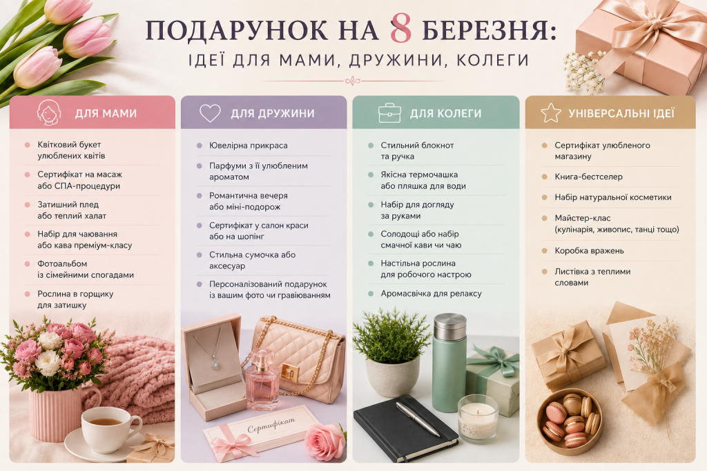 Інфографіка з добіркою ідей подарунків на 8 Березня для мами, дружини, колеги та універсальних варіантів.