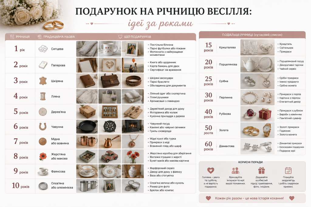 Інфографіка з ідеями подарунків на річницю весілля від першого до шістдесятого року спільного життя.