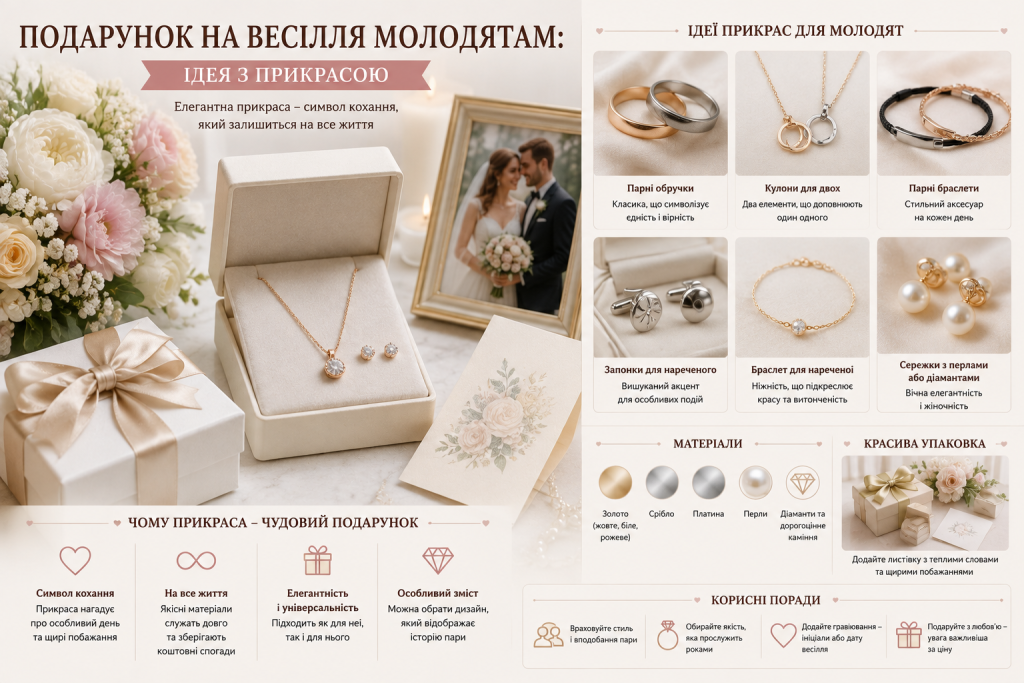 Інфографіка з ідеями ювелірних прикрас у подарунок молодятам на весілля, матеріалами, варіантами упаковки та порадами щодо вибору.