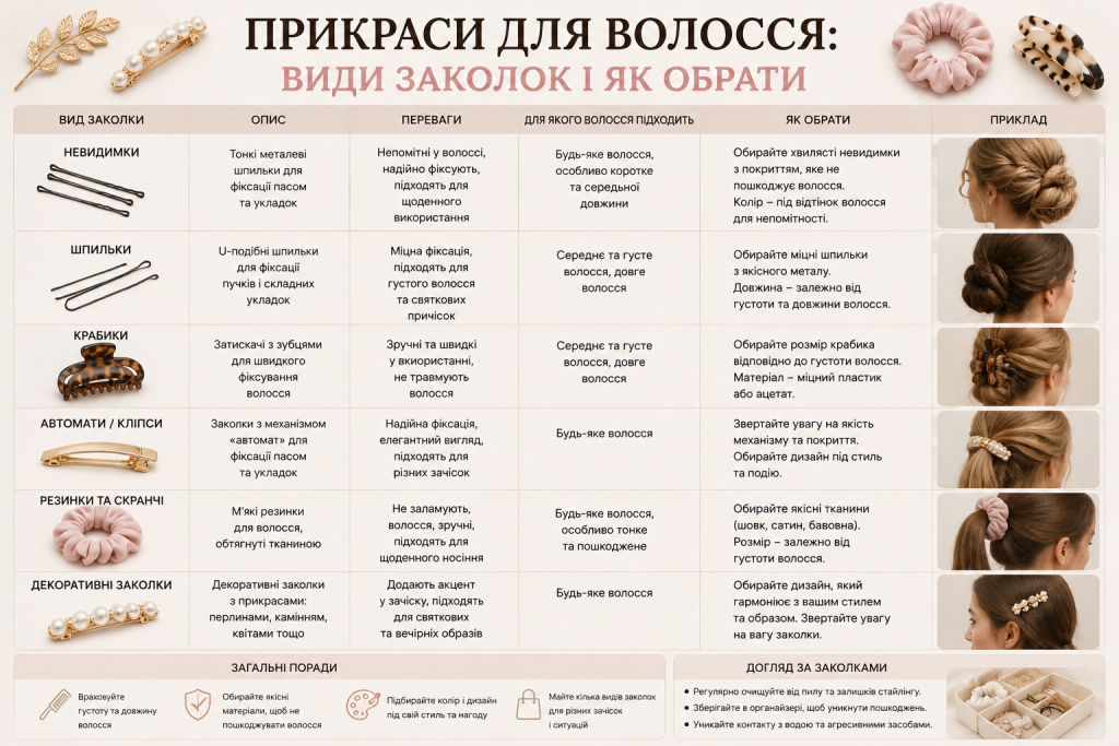 Інфографіка з основними видами заколок для волосся, їхніми особливостями, перевагами, рекомендаціями щодо вибору та догляду.