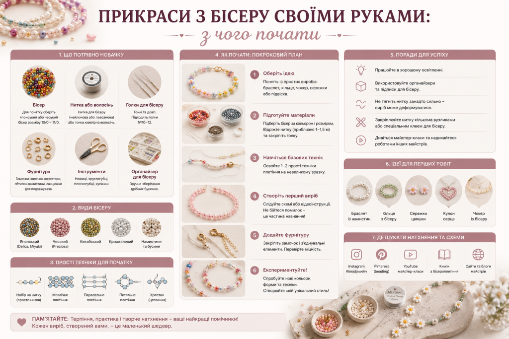 Інфографіка для початківців про створення прикрас із бісеру: матеріали, техніки, покроковий план і перші ідеї.