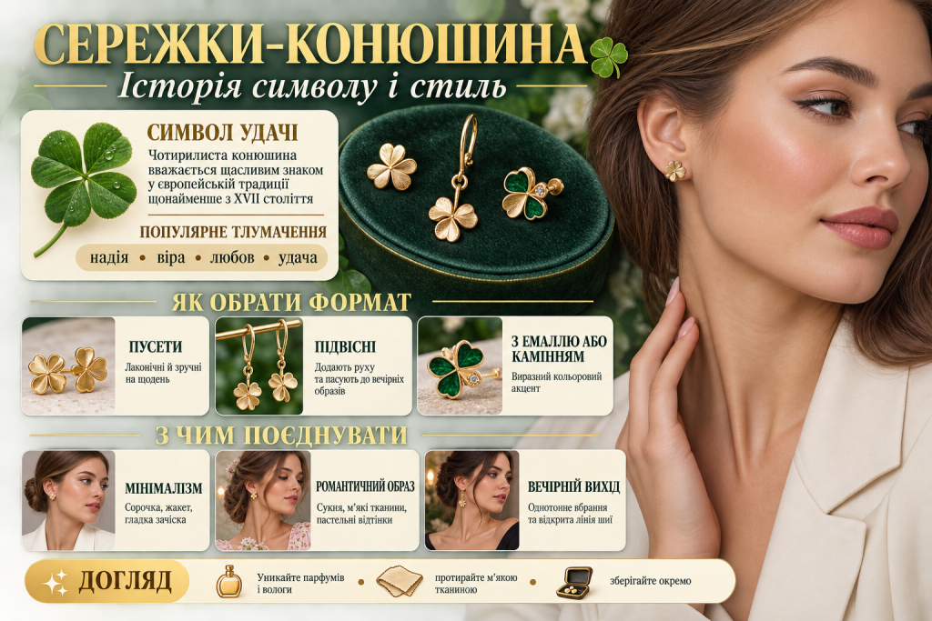 Інфографіка про сережки у формі конюшини, їх символіку, види дизайну та поєднання з одягом