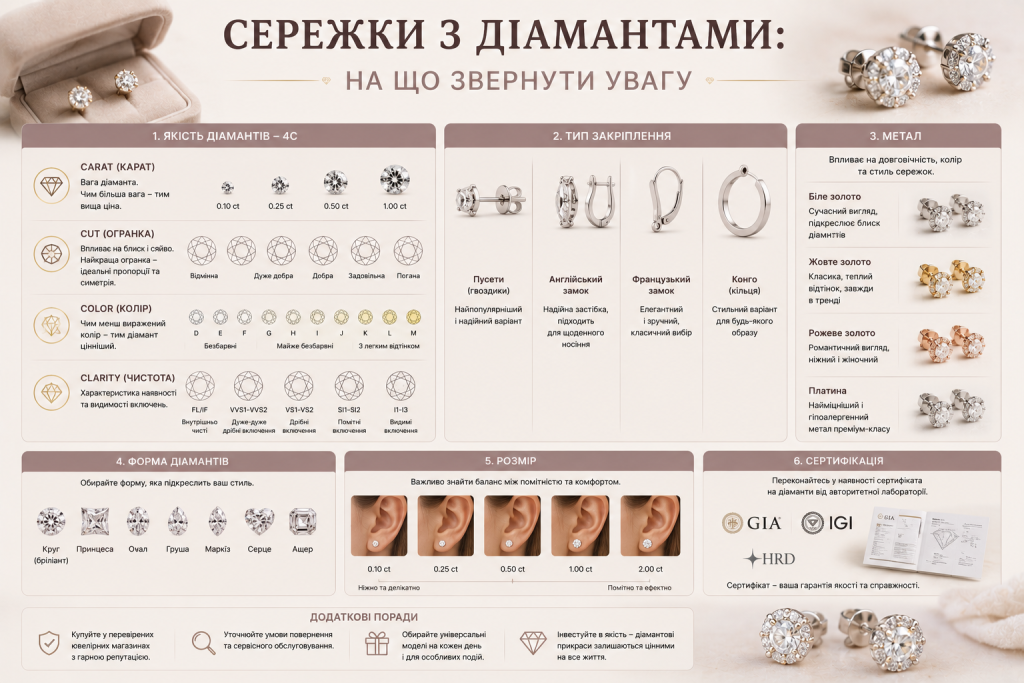 Інфографіка про вибір сережок з діамантами: характеристики каменів, види застібок, метали та сертифікація.