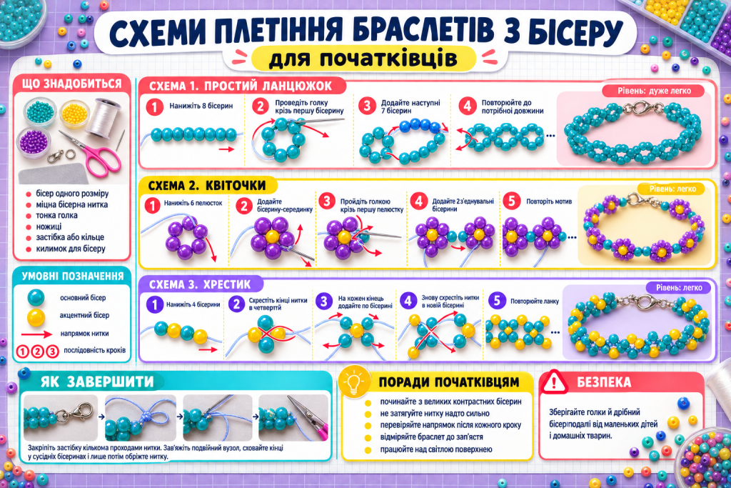 Інфографіка зі схемами плетіння браслетів з бісеру для початківців, покроковими прикладами та порадами.