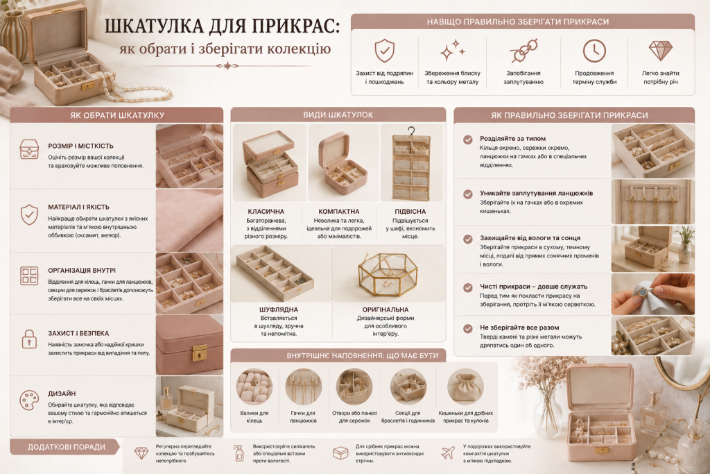 Інфографіка про вибір шкатулки для прикрас, правильне зберігання ювелірних виробів та організацію внутрішніх відділень.
