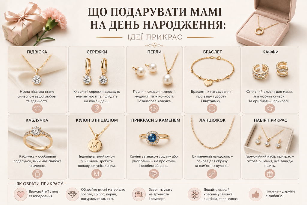 Інфографіка з ідеями прикрас для подарунка мамі на день народження: підвіски, сережки, браслети, каблучки, перли, ланцюжки та ювелірні набори.