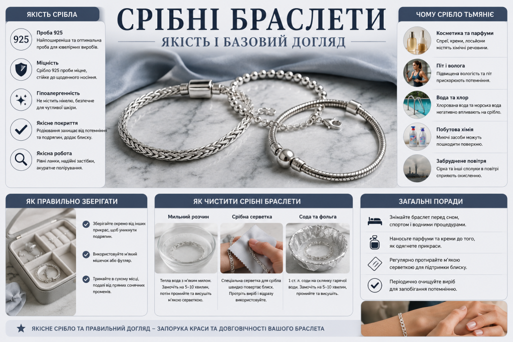 Інфографіка про срібні браслети 925 проби, причини потемніння, правила зберігання та способи очищення срібних прикрас