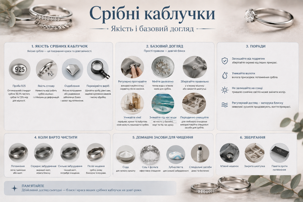 Інфографіка про срібні каблучки з рекомендаціями щодо вибору, очищення, правильного догляду та зберігання.