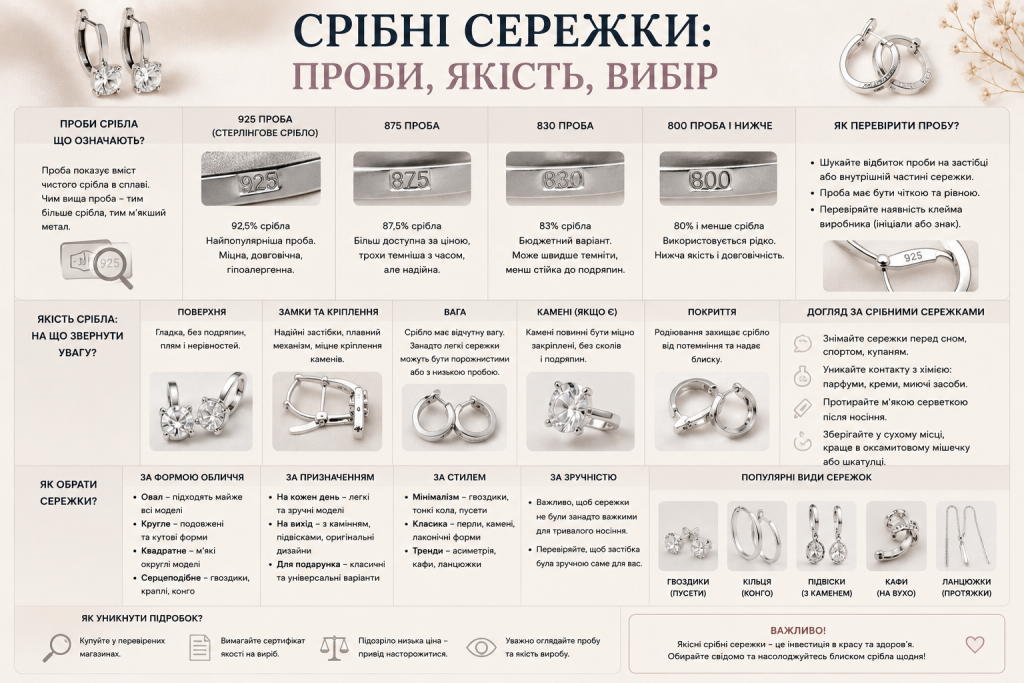 Інфографіка про проби срібла, перевірку якості сережок, популярні види прикрас і правила догляду за сріблом.