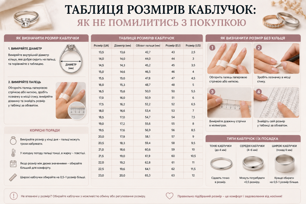 Детальна інфографіка з таблицею розмірів каблучок, способами вимірювання пальця та порадами щодо правильного вибору розміру.