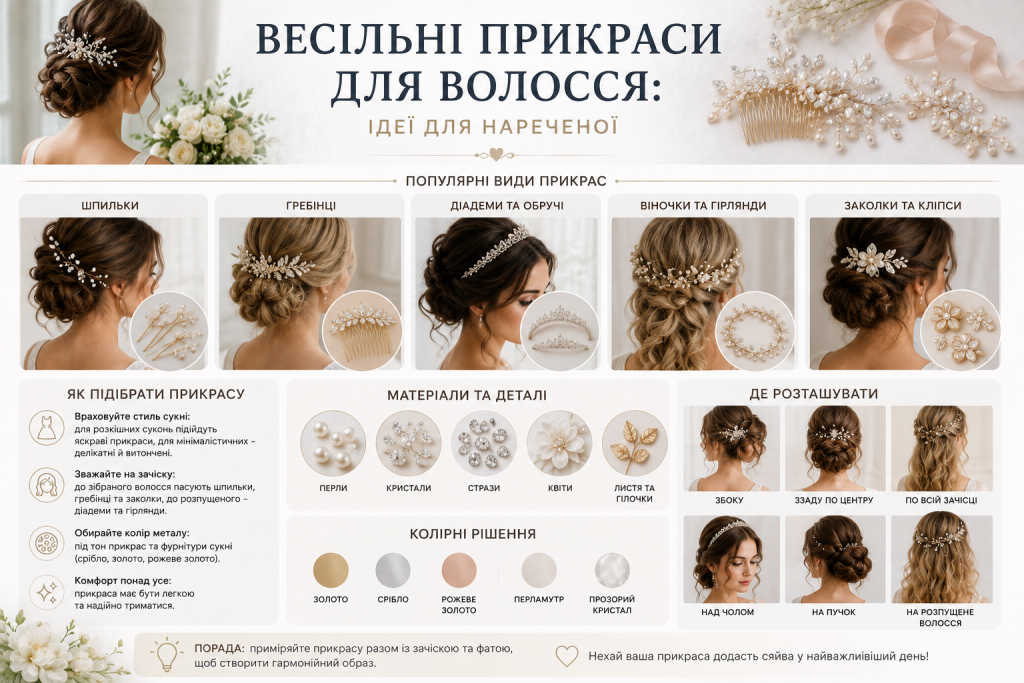 Інфографіка з видами весільних прикрас для волосся, матеріалами, способами розміщення та рекомендаціями для нареченої.