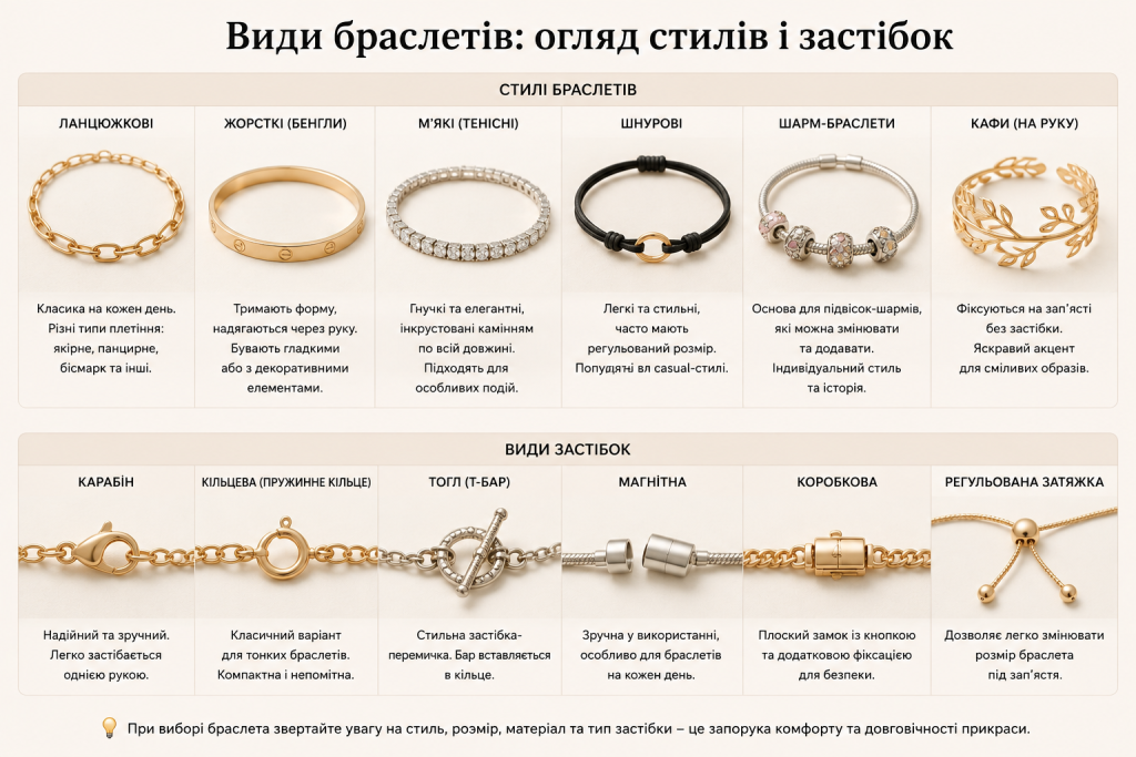 Інфографіка з видами браслетів і популярними типами застібок із коротким описом особливостей кожного варіанта.