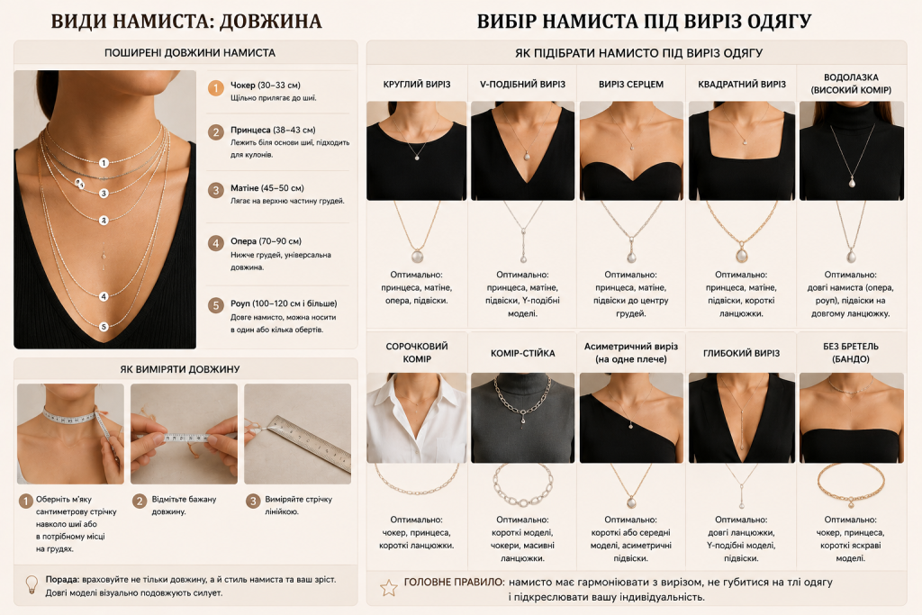Інфографіка про популярні довжини намиста, способи вимірювання та рекомендації щодо вибору прикраси під різні типи вирізів одягу.