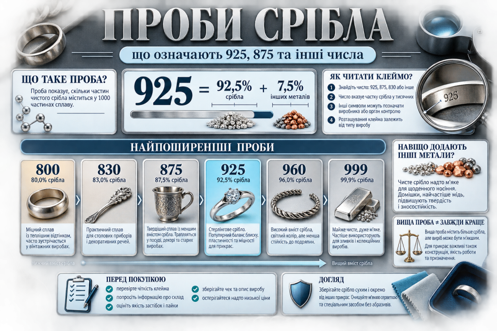 Інфографіка про проби срібла 800, 830, 875, 925, 960 і 999, склад сплавів та правила читання клейма.