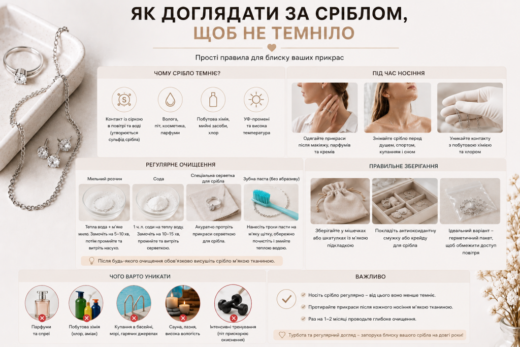 Інфографіка про правильний догляд за срібними прикрасами, причини потемніння, способи очищення, правила зберігання та рекомендації для збереження блиску.