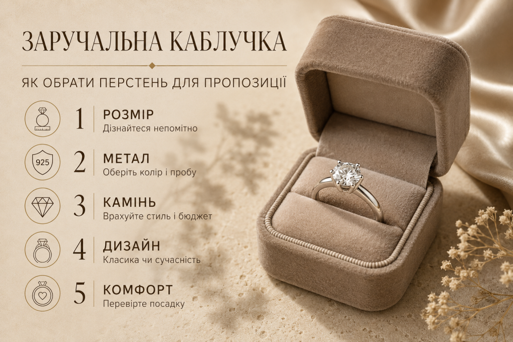 Інфографіка з основними критеріями вибору заручальної каблучки: розмір, метал, камінь, дизайн і комфорт