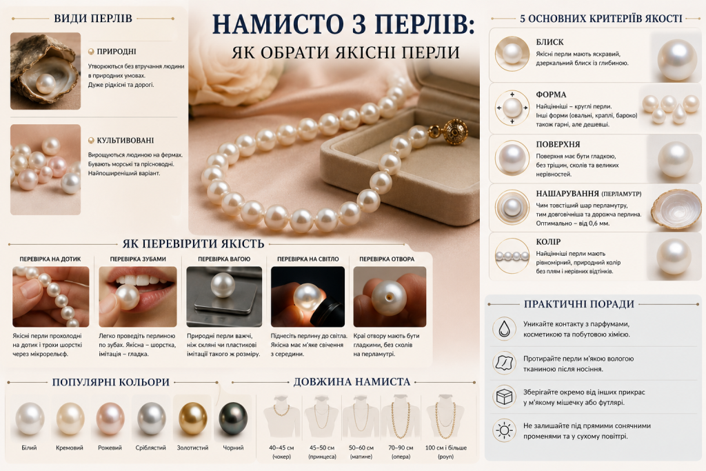 Інфографіка про види перлів, критерії якості, способи перевірки та популярні кольори й довжину перлового намиста.