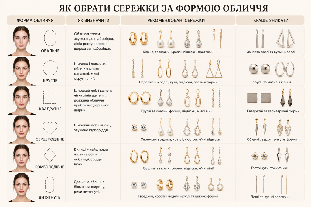 Інфографіка з рекомендаціями щодо вибору сережок залежно від форми обличчя та прикладами моделей, яких варто уникати.