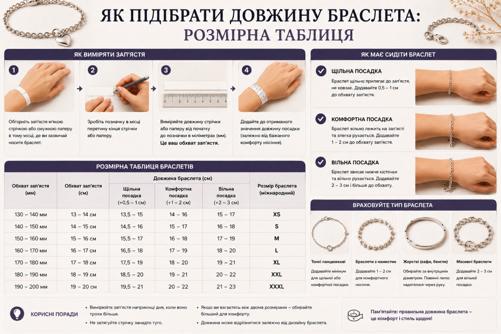 Інфографіка з покроковою інструкцією вимірювання зап'ястя, таблицею розмірів браслетів, видами посадки та рекомендаціями щодо вибору довжини.