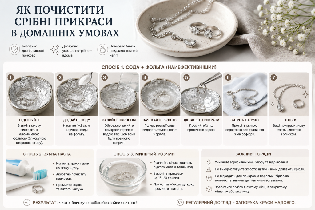 Інфографіка з покроковими способами очищення срібних прикрас у домашніх умовах за допомогою соди, фольги, зубної пасти та мильного розчину.