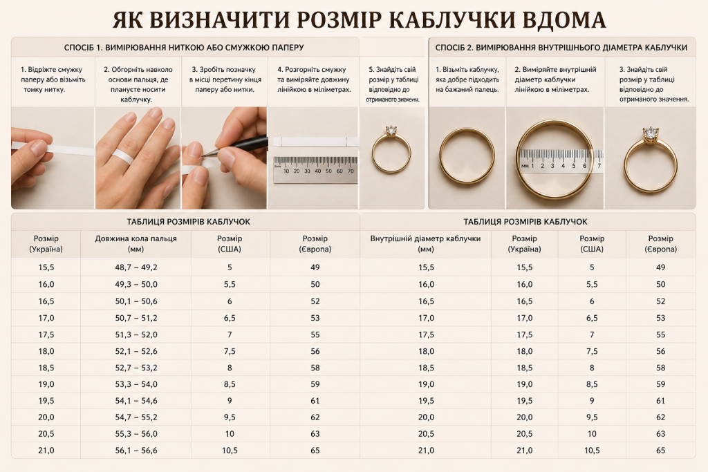 Інфографіка з двома способами вимірювання розміру каблучки вдома та таблицями відповідності розмірів.