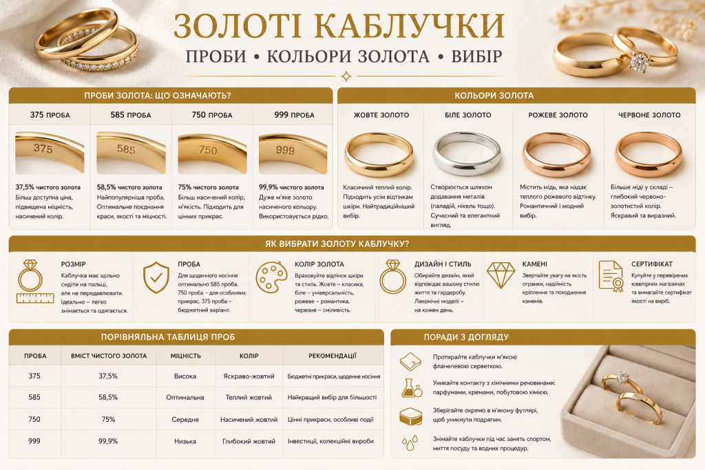 Інфографіка про золоті каблучки з поясненням проб золота, кольорів сплаву, порадами щодо вибору та догляду.
