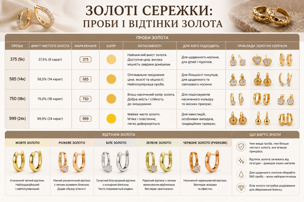 Інфографіка про проби золота для сережок, їх особливості, відтінки золота та поради щодо вибору прикрас.