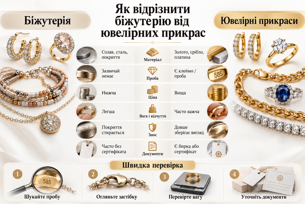 Інфографіка з порівнянням біжутерії та ювелірних прикрас за матеріалами, пробою, ціною, вагою, зносостійкістю та наявністю сертифікатів.