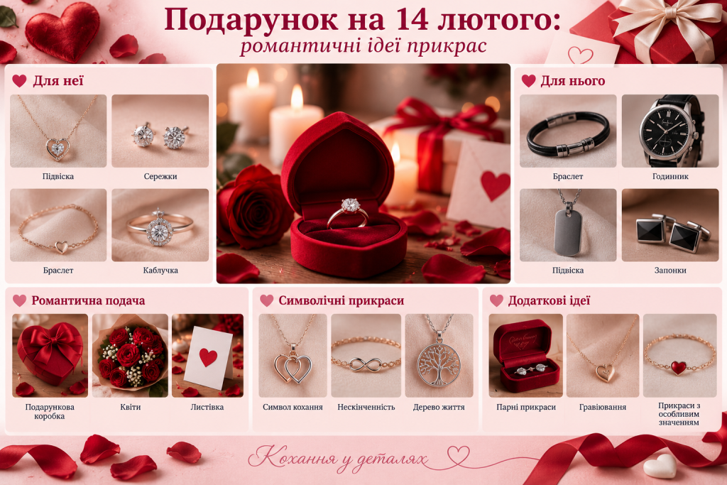 Інфографіка з ідеями подарунків на 14 лютого для неї та для нього, ювелірними прикрасами, квітами й романтичним оформленням.