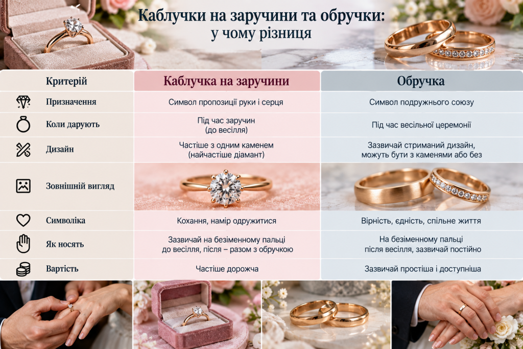 Порівняльна таблиця заручальної каблучки та обручки за призначенням, дизайном, символікою, носінням і вартістю