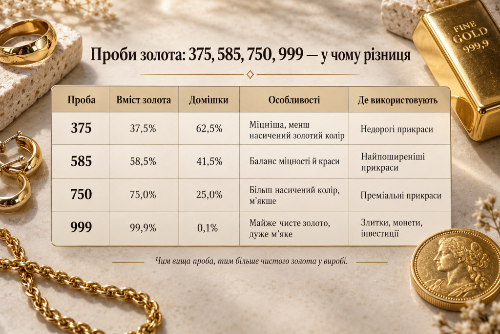 Таблиця проб золота 375, 585, 750 і 999 із вмістом чистого золота, домішками, особливостями та сферами використання.