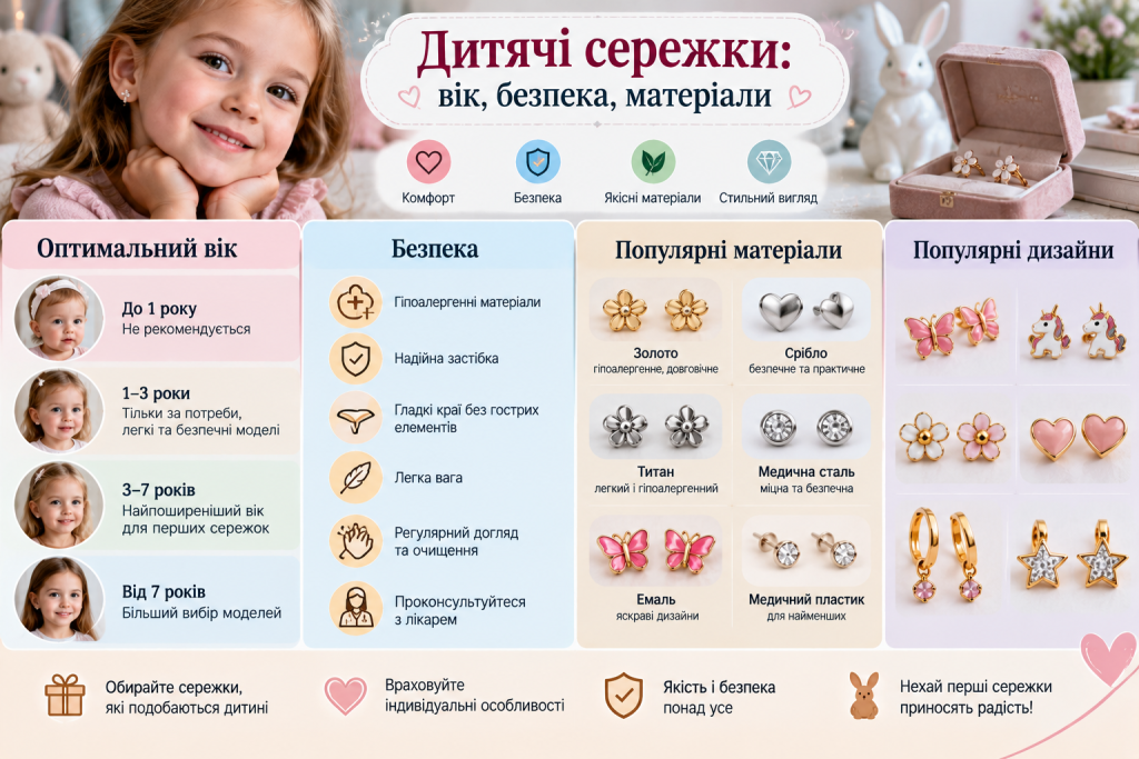 Інфографіка про вибір дитячих сережок за віком, безпечні матеріали, застібки та популярні дизайни для дівчаток