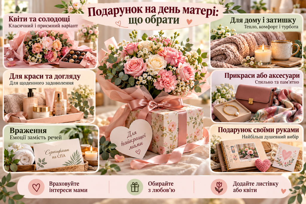 Інфографіка з ідеями подарунків на День матері: квіти, солодощі, косметика, прикраси, домашній затишок, подарунки своїми руками та незабутні враження.