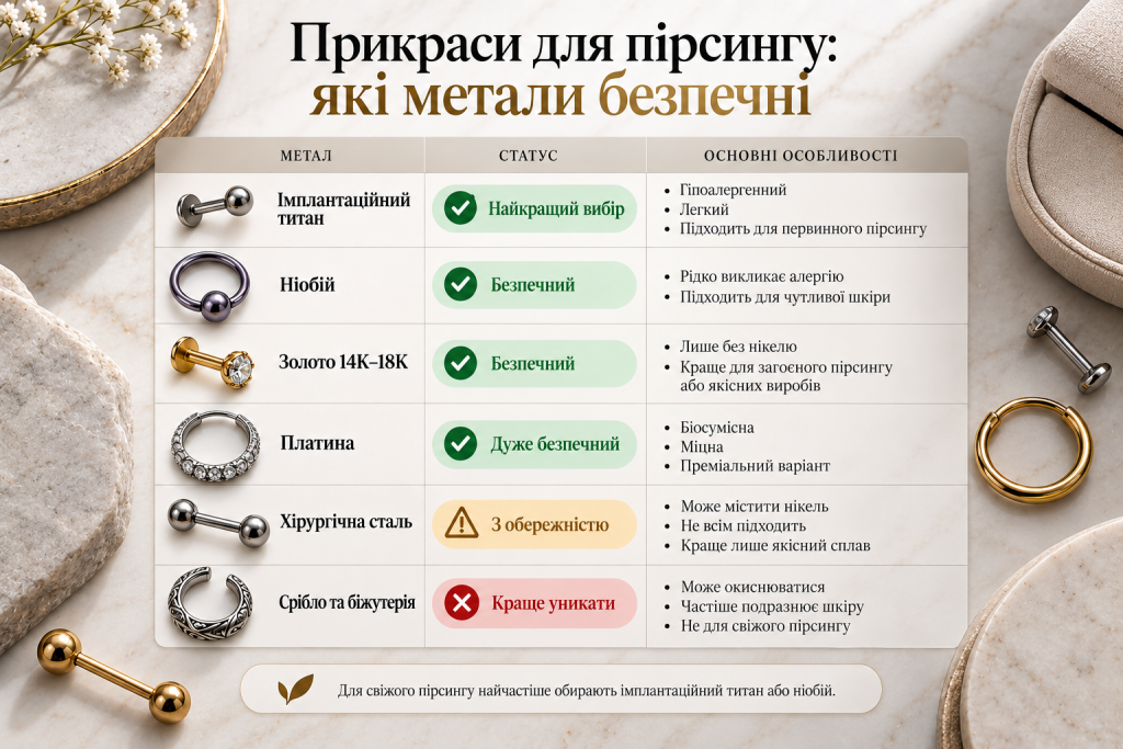 Інфографіка про безпечні метали для пірсингу: титан, ніобій, золото, платина, хірургічна сталь і срібло.